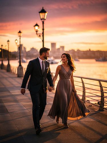 An elegantly dressed couple walking hand in hand along a waterfront at sunset
