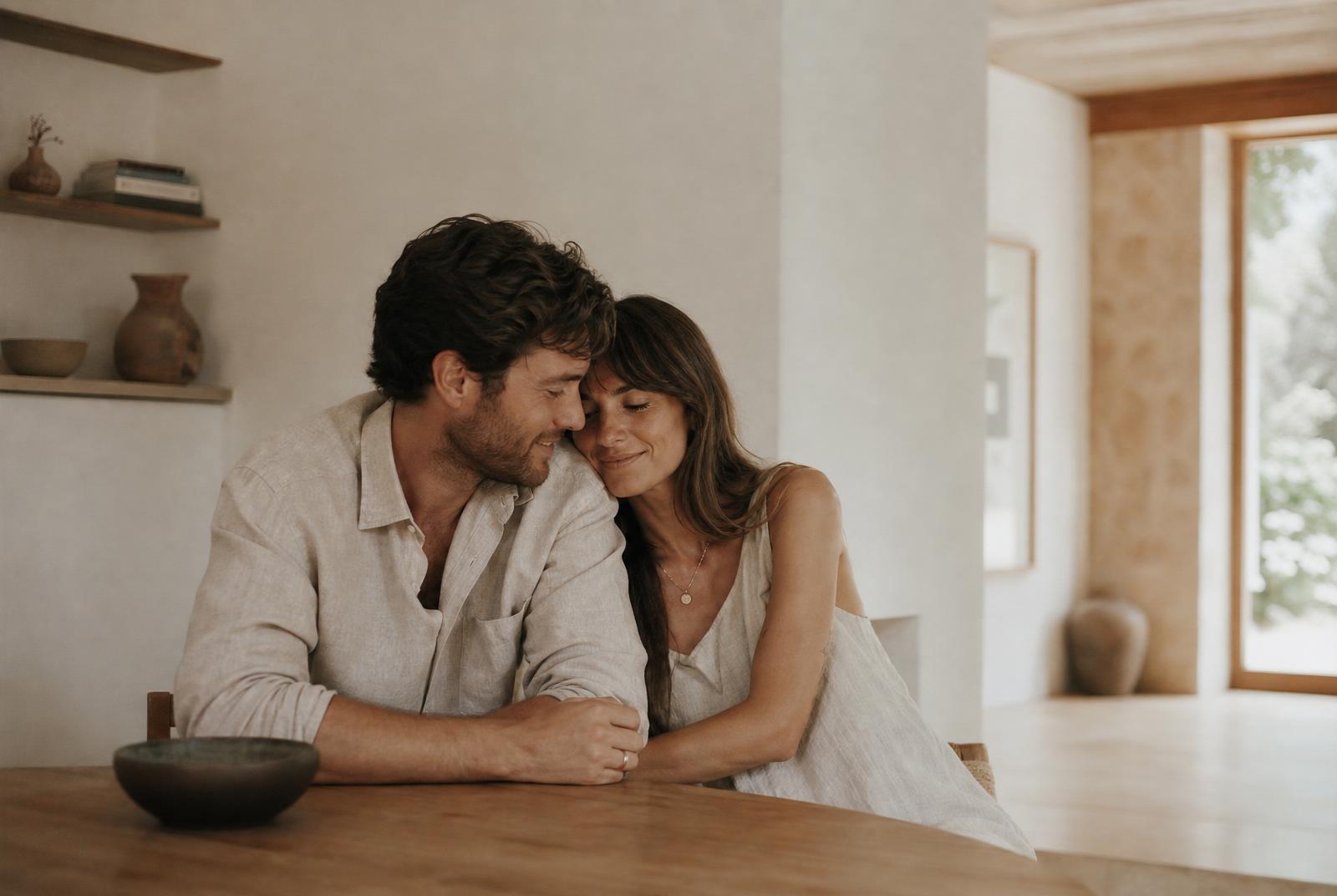 A couple sharing a quiet, intimate moment in a warm, sunlit interior